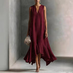 Sleeveless V-Neck Linen Midi Dress with Ruffled Hem