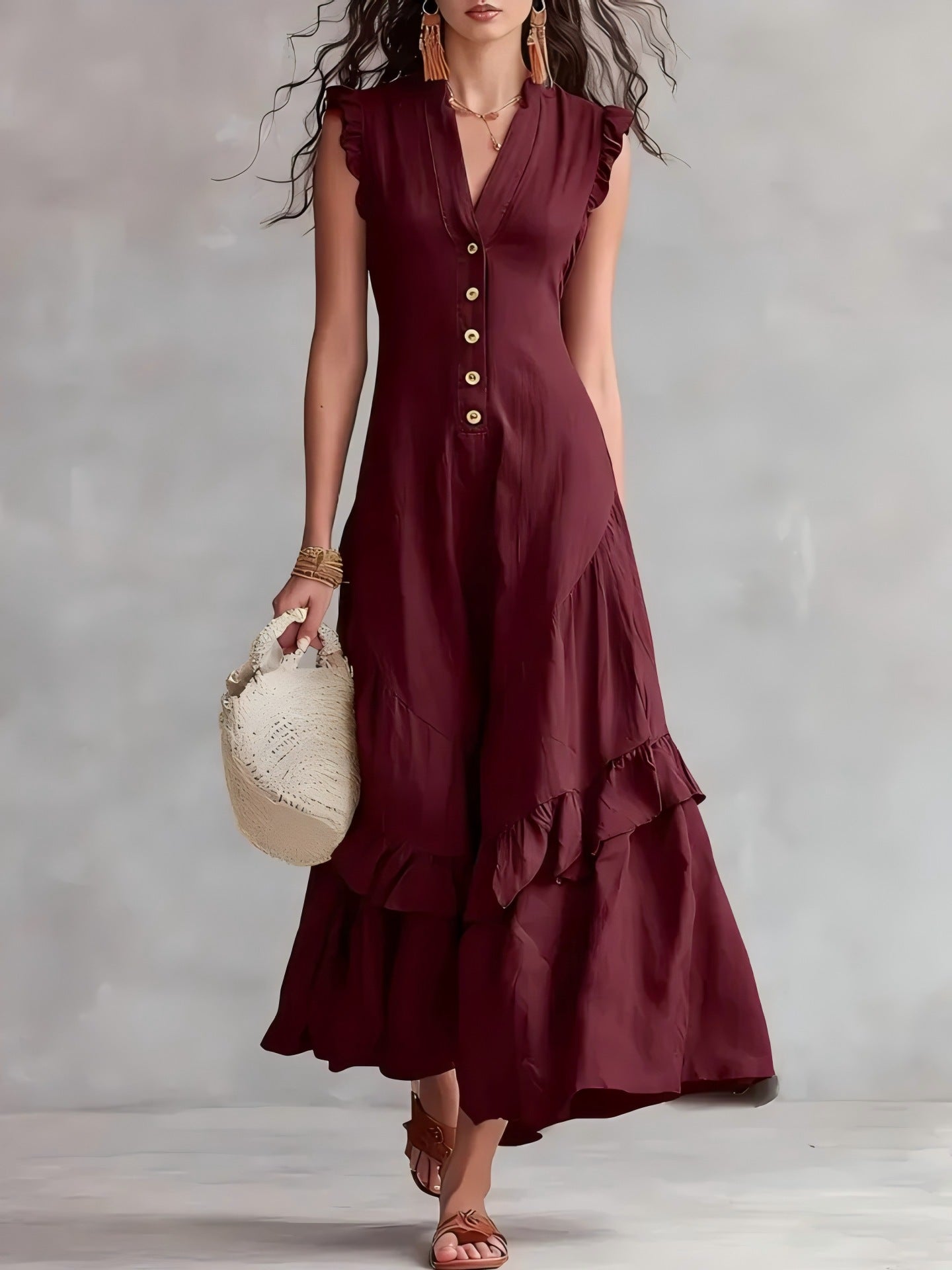 Sleeveless Ruffled V-Neck Maxi Dress
