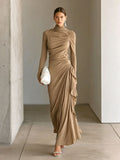 Turtleneck Ruched Side‑Ruffle Long‑Sleeve Maxi Dress - khaki / S