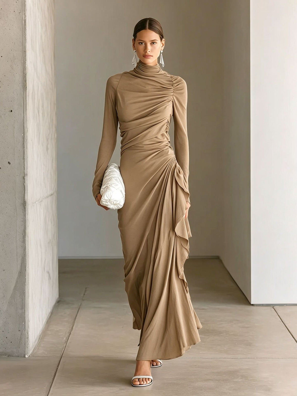 Turtleneck Ruched Side‑Ruffle Long‑Sleeve Maxi Dress - khaki / S