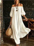 Women White Off‑Shoulder Balloon Sleeve Flowy Maxi Dress
