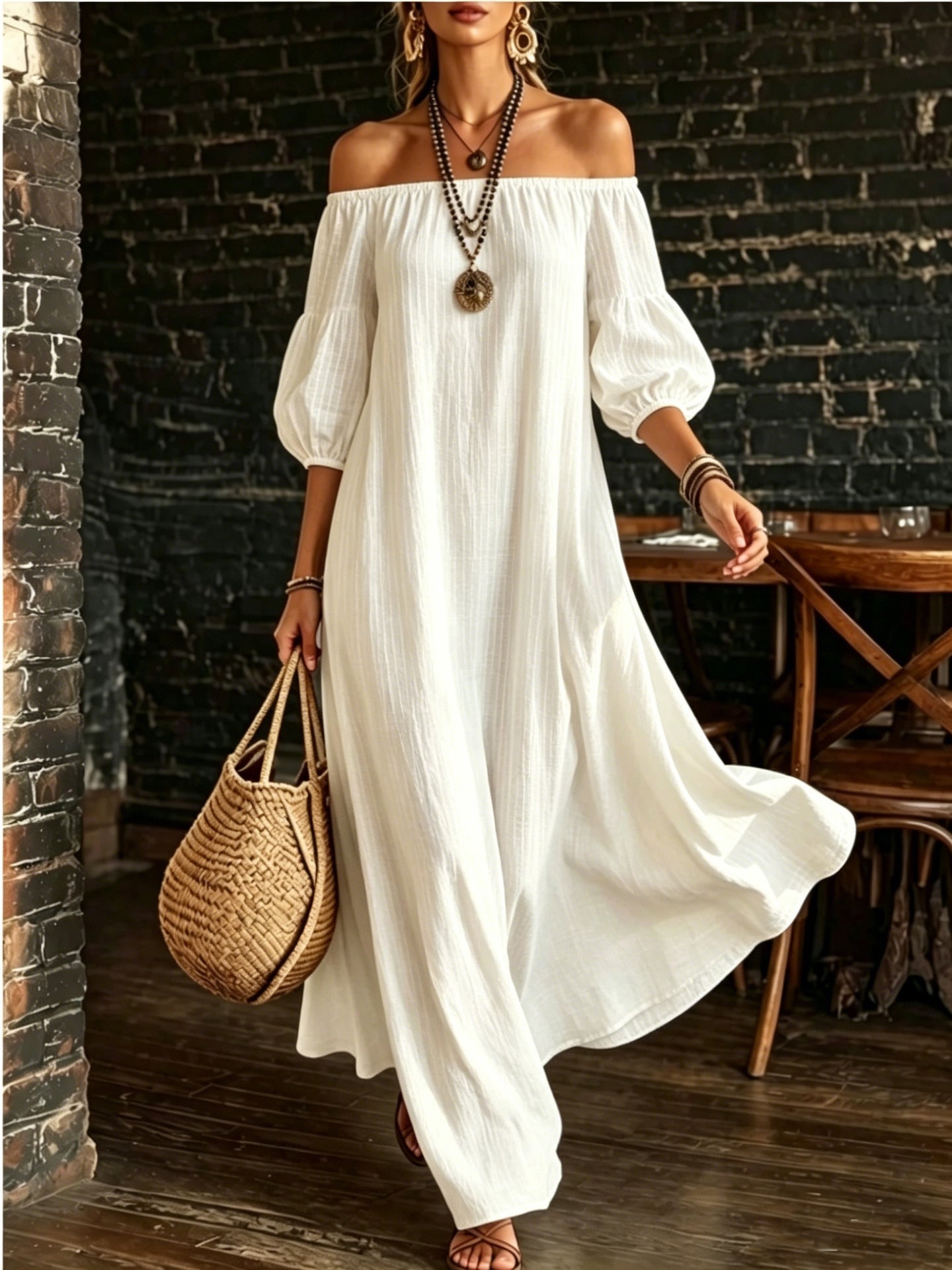Women White Off‑Shoulder Balloon Sleeve Flowy Maxi Dress