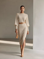 Boat Neck Balloon Long Sleeve Knit Midi Dress With Belt