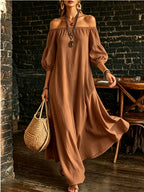 Women White Off‑Shoulder Balloon Sleeve Flowy Maxi Dress