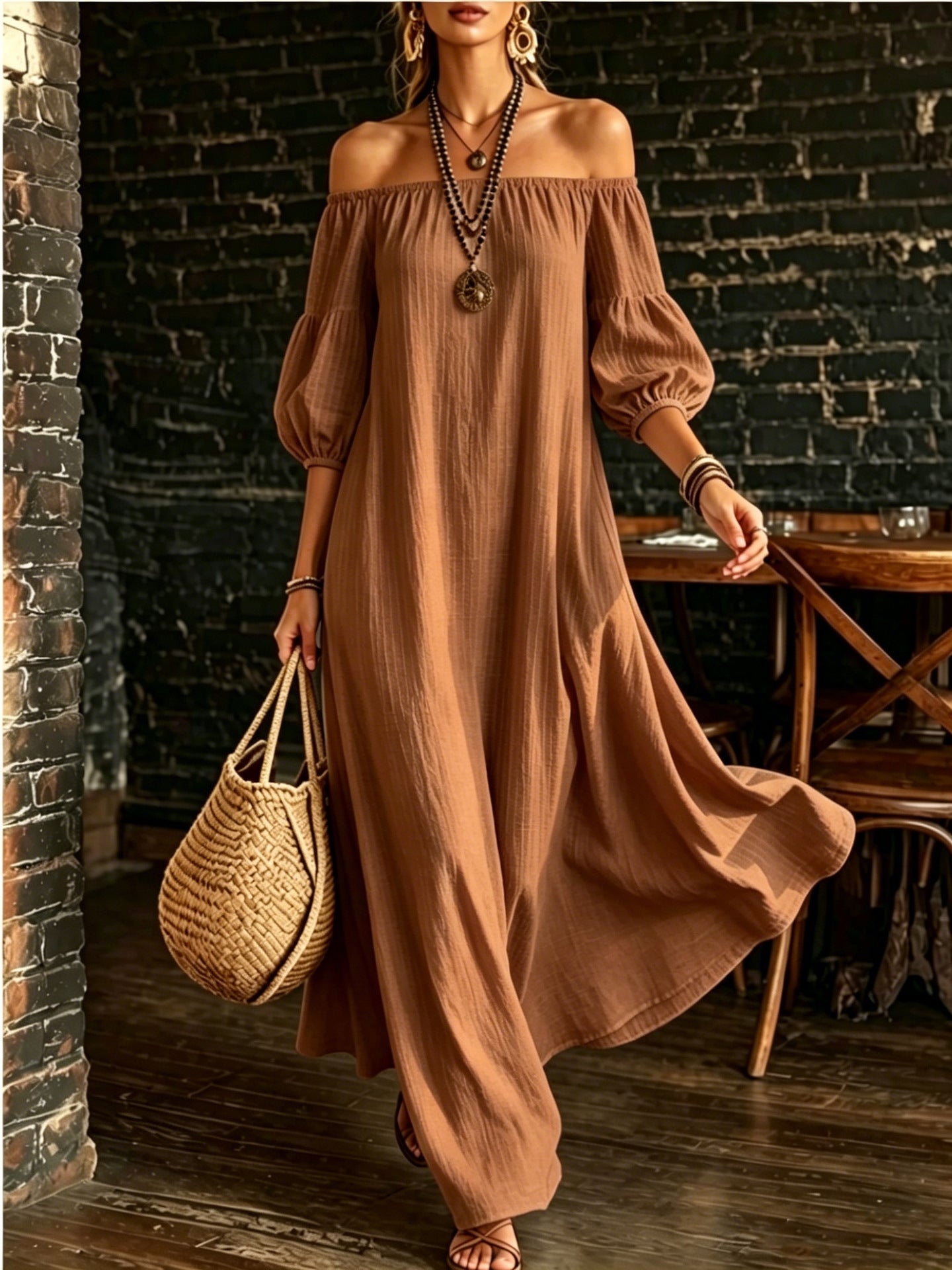 Women White Off‑Shoulder Balloon Sleeve Flowy Maxi Dress