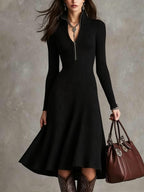 Half‑Zip Ribbed Knit Fit‑and‑Flare Midi Sweater Dress