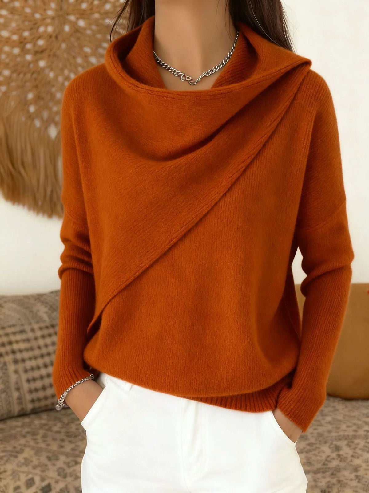 Draped Cowl Neck Long Sleeve Knit Sweater Top