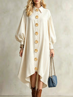 Balloon Sleeve Shirt Dress with Asymmetrical Hem