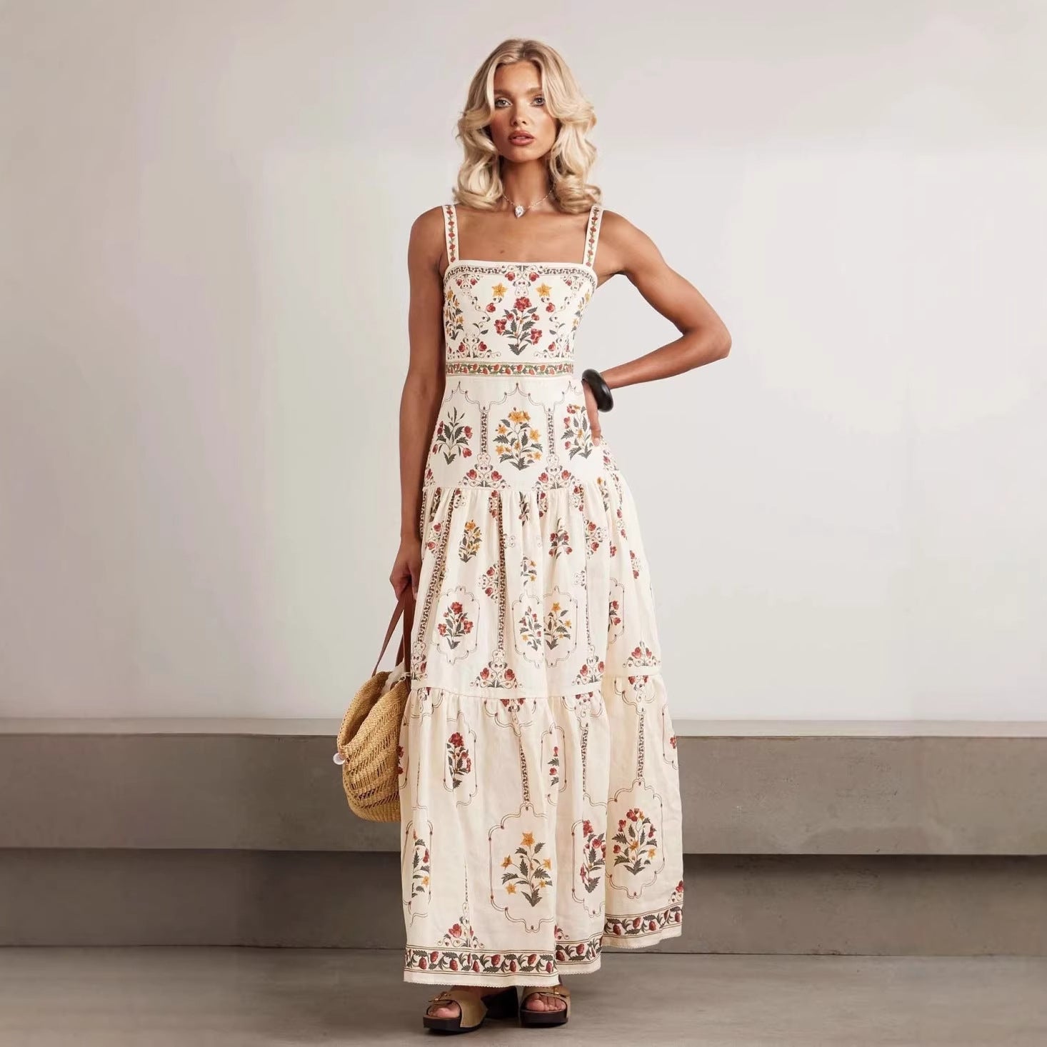 Vintage Floral Tiered Maxi Dress | Square Neck Cami Sundress