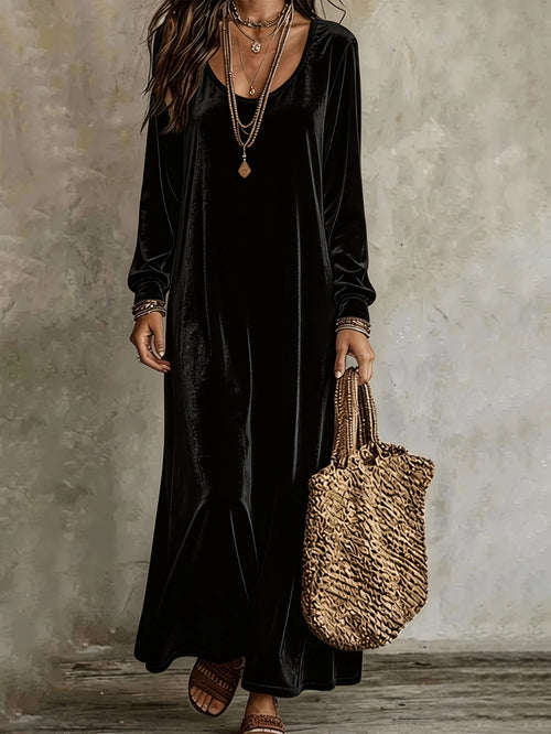 Women's Velvet U‑Neck Long Sleeve Maxi Dress