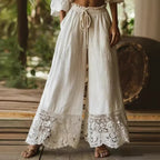 Women's Solid Color High-waisted Drawstring Wide-leg Pants With Cotton And Linen Lace Trim