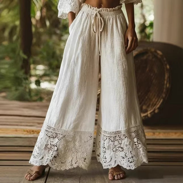 Women's Solid Color High-waisted Drawstring Wide-leg Pants With Cotton And Linen Lace Trim