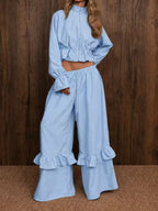 Casual Dusty Lavender Cropped Jacket and Flared Ruffle Pant Set