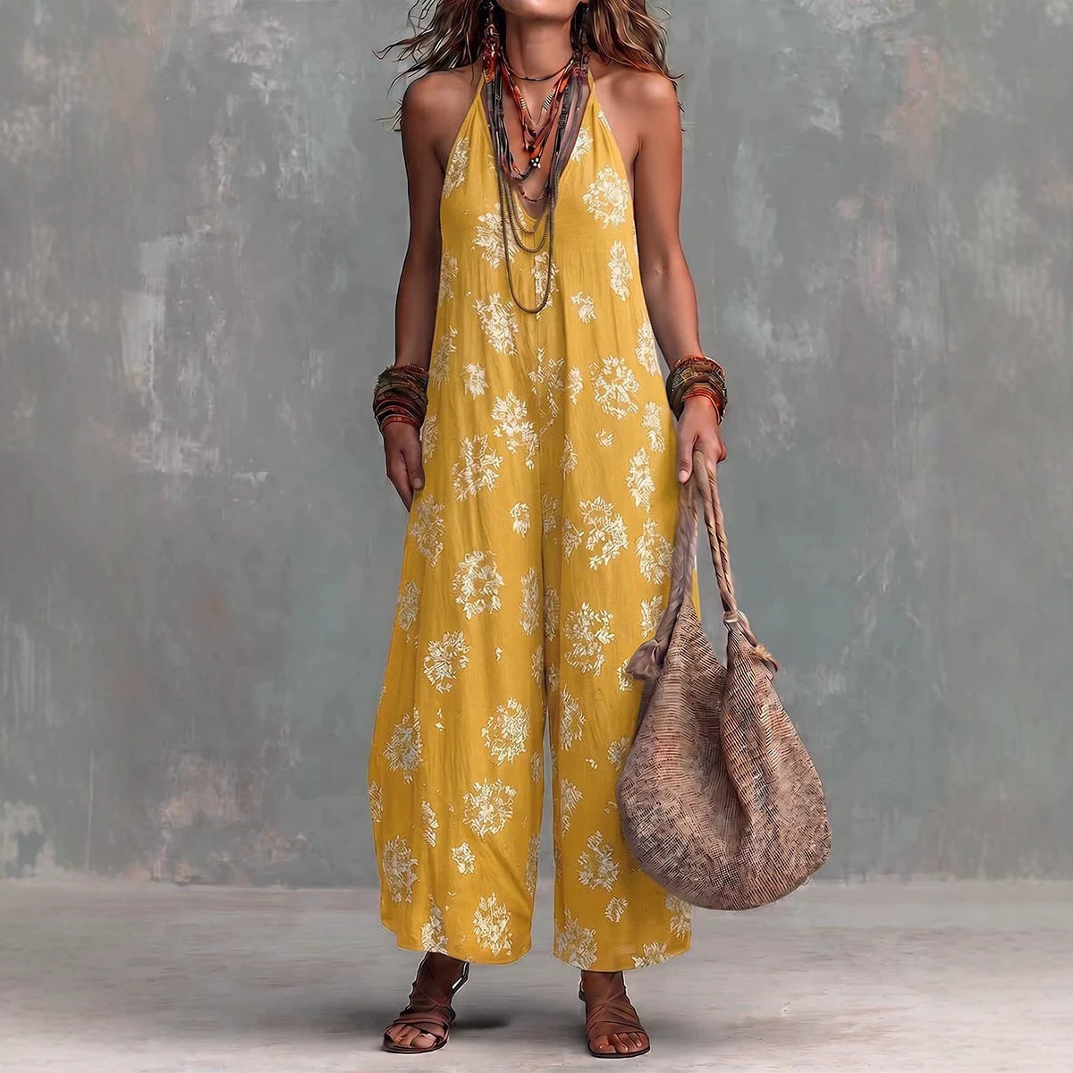 Women's Yellow Boho Floral Halter Wide-Leg Jumpsuit