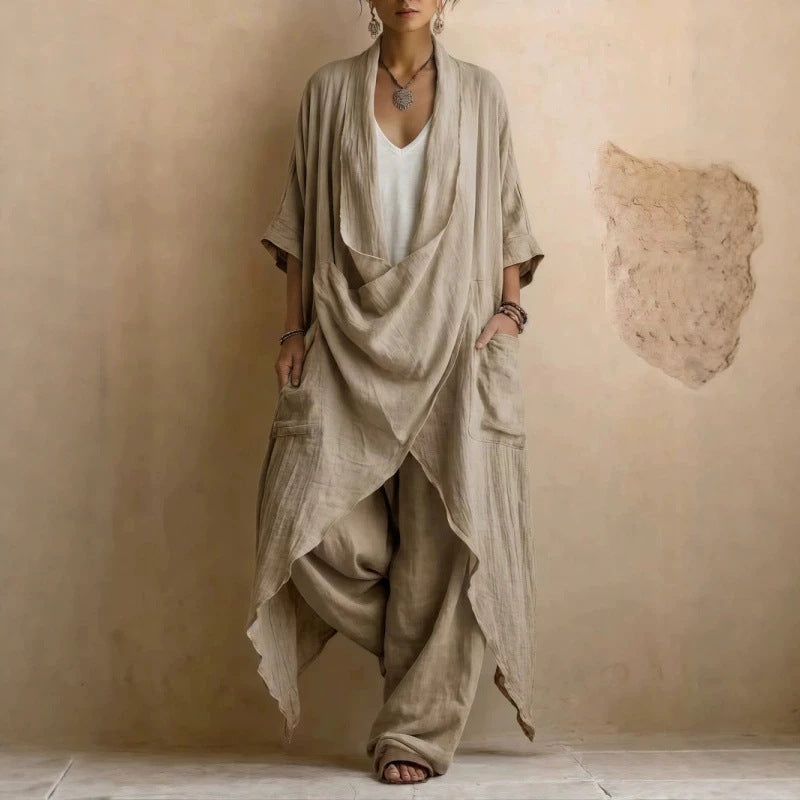 Casual Bohemian Style Suit Consists Of Two Pieces, A Long Linen Cotton Top And Trousers