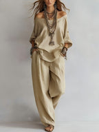 Women'S One-Shoulder Loose Top Wide-Leg Pants Cross-Border Two-Piece Set