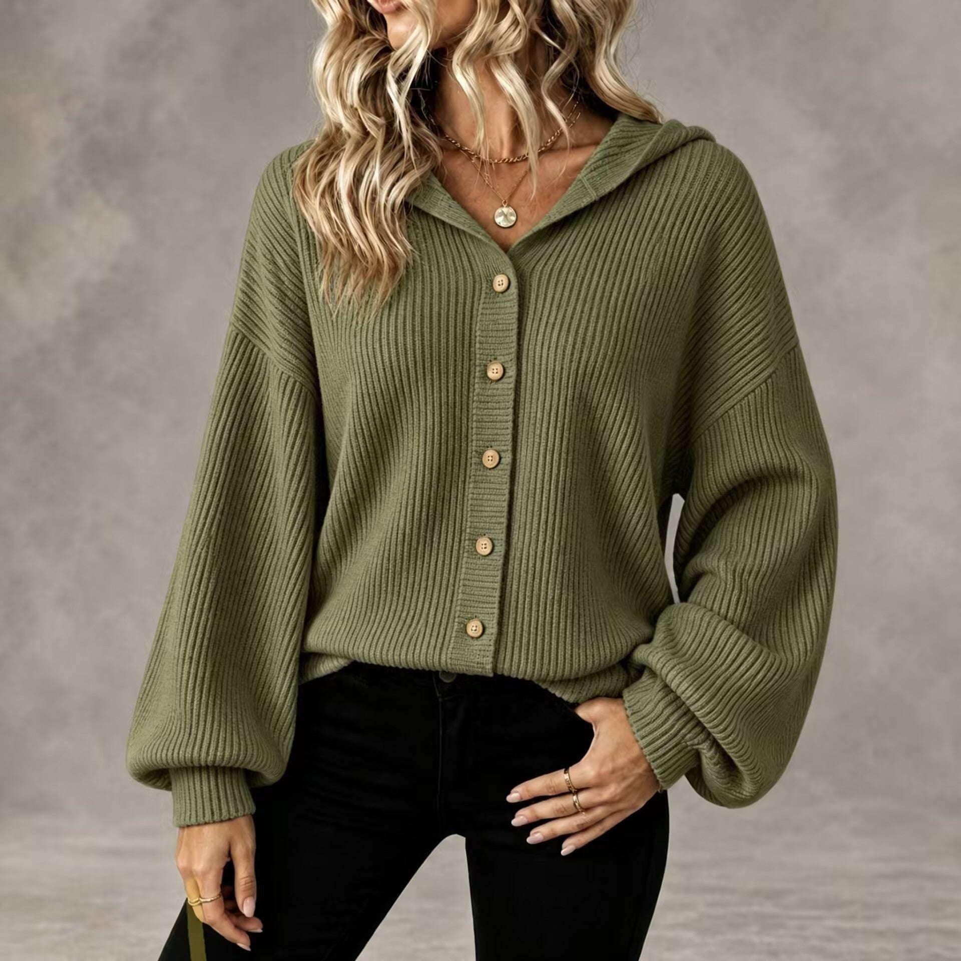 Vertical Rib Knit Hooded Button Down Balloon Sleeve Cardigan