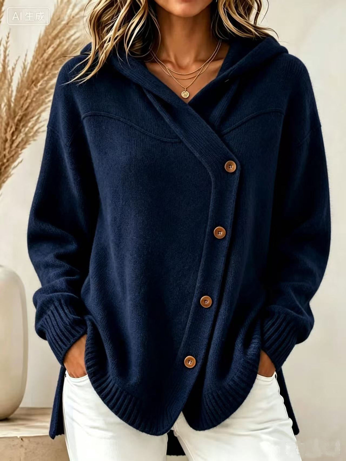 Hooded Wrap Diagonal Button Knit Cardigan