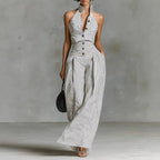 White Black Vertical Stripe Halter High Waist Wide Leg Jumpsuit