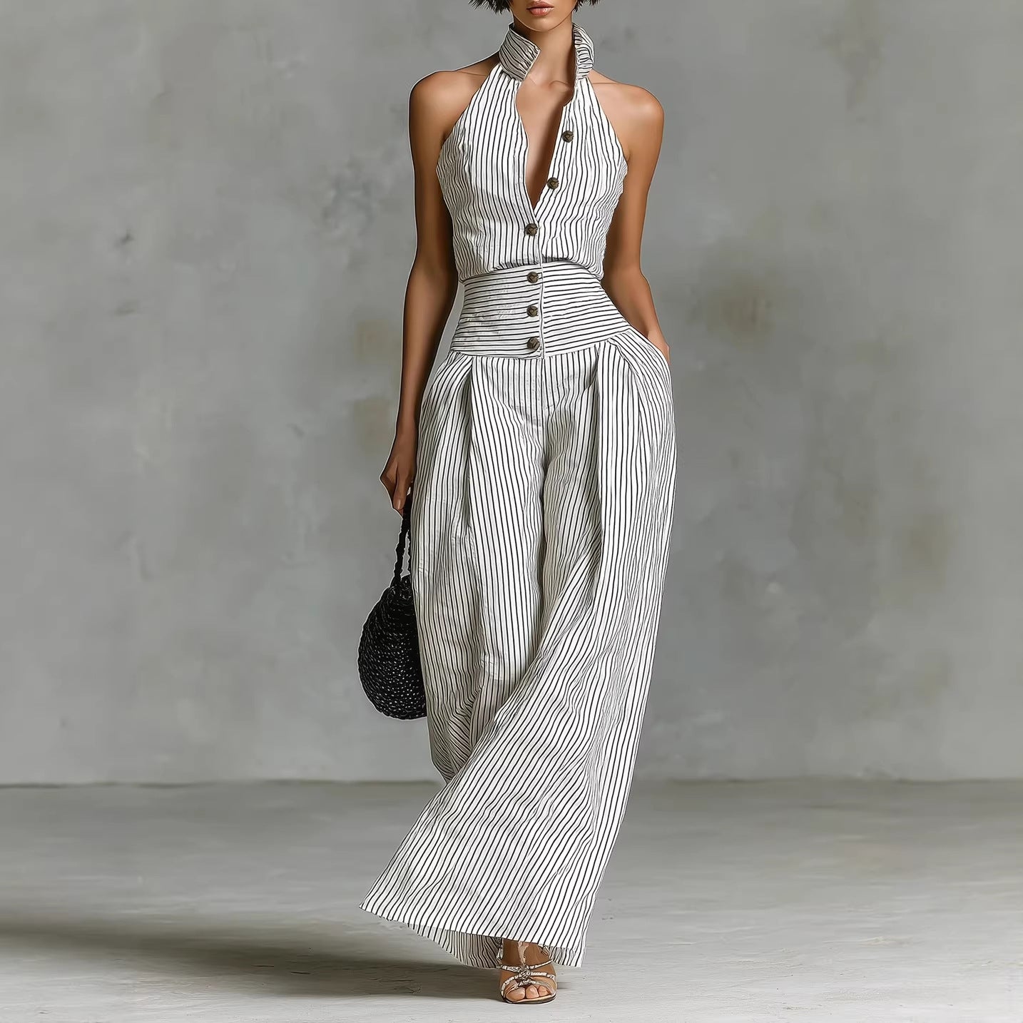 White Black Vertical Stripe Halter High Waist Wide Leg Jumpsuit