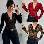 Spring 2026 new women's V-neck lace mesh horn sleeve T-shirt top women