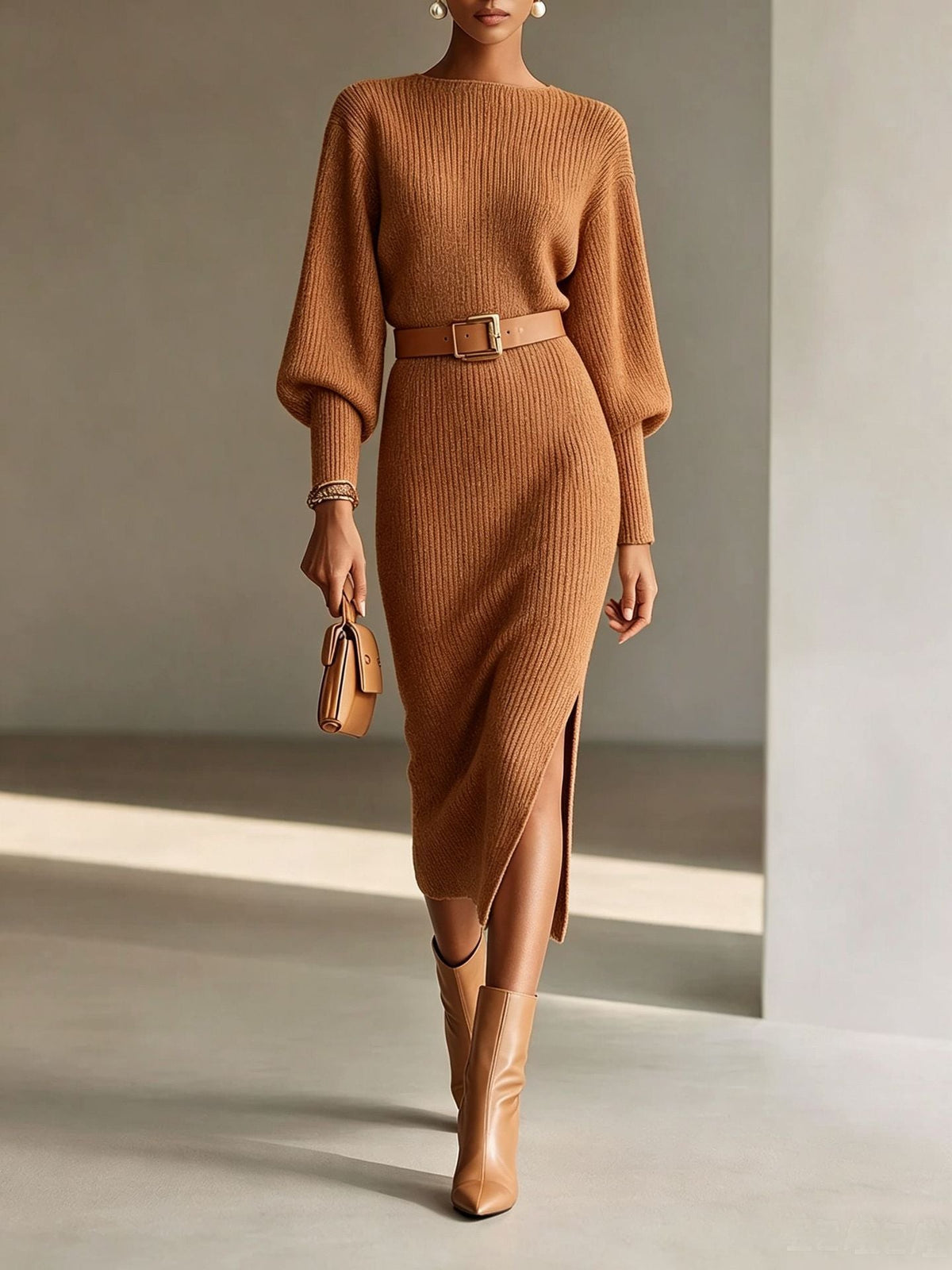 Boat Neck Balloon Long Sleeve Knit Midi Dress With Belt
