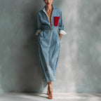 Women's Blue And White Cotton Blend Striped Shirt Dress With Red Chest Pocket
