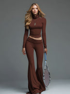 Rib Turtleneck Crop Long Sleeve Top & High Waist Flare Leg Pant 2 Piece Sporty Co-Ord Set