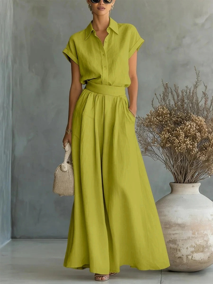 Spring And Summer Fashion Casual Solid Color Shirt Wide-Leg Pants Two-Piece Set