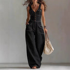 Women's Washed Denim Loose-Fit Sleeveless Jumpsuit