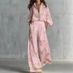 High Waist Wide Leg Pants Two Piece Set, Luxury Satin Elegant Vacation Matching Outfit