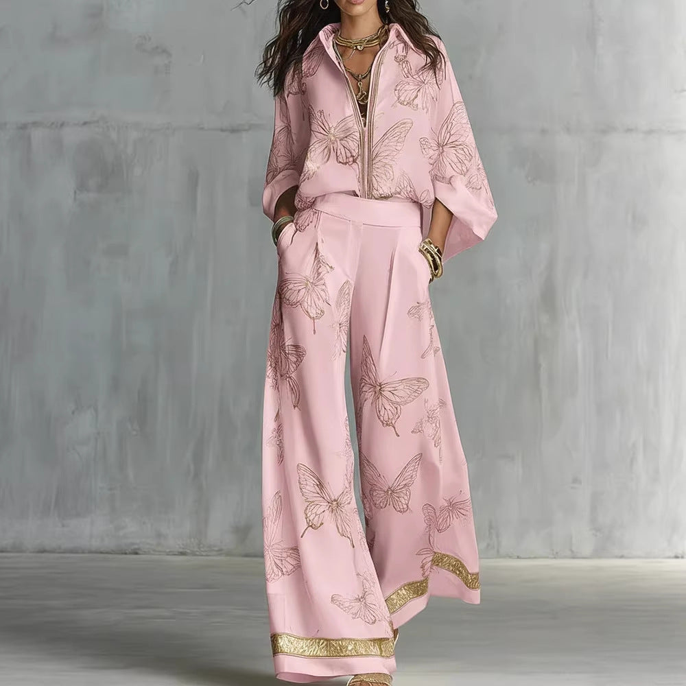 High Waist Wide Leg Pants Two Piece Set, Luxury Satin Elegant Vacation Matching Outfit