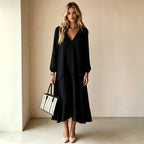 V‑Neck Long‑Sleeve Tiered Ruffle‑Hem Midi Dress