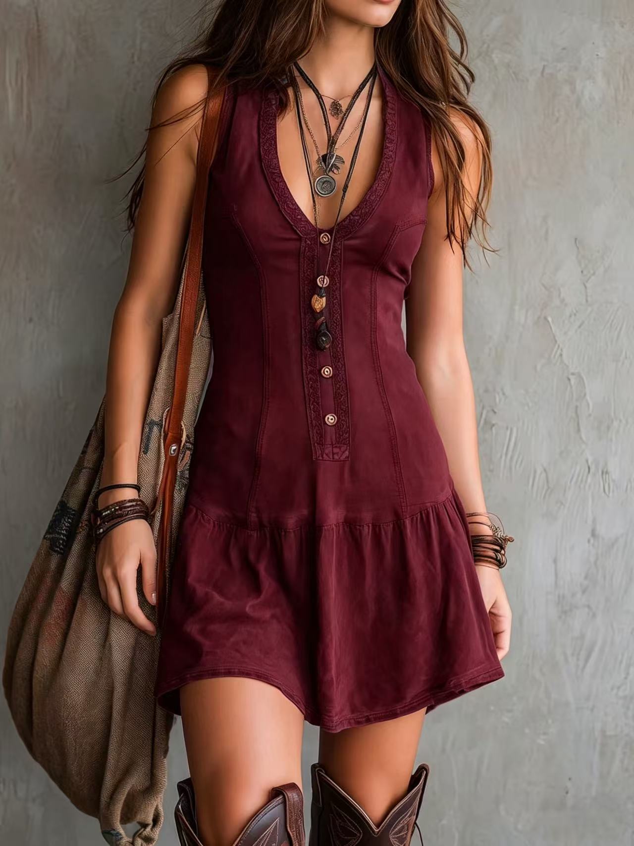 Women's Sleeveless U-neck Button Embellishments Dress