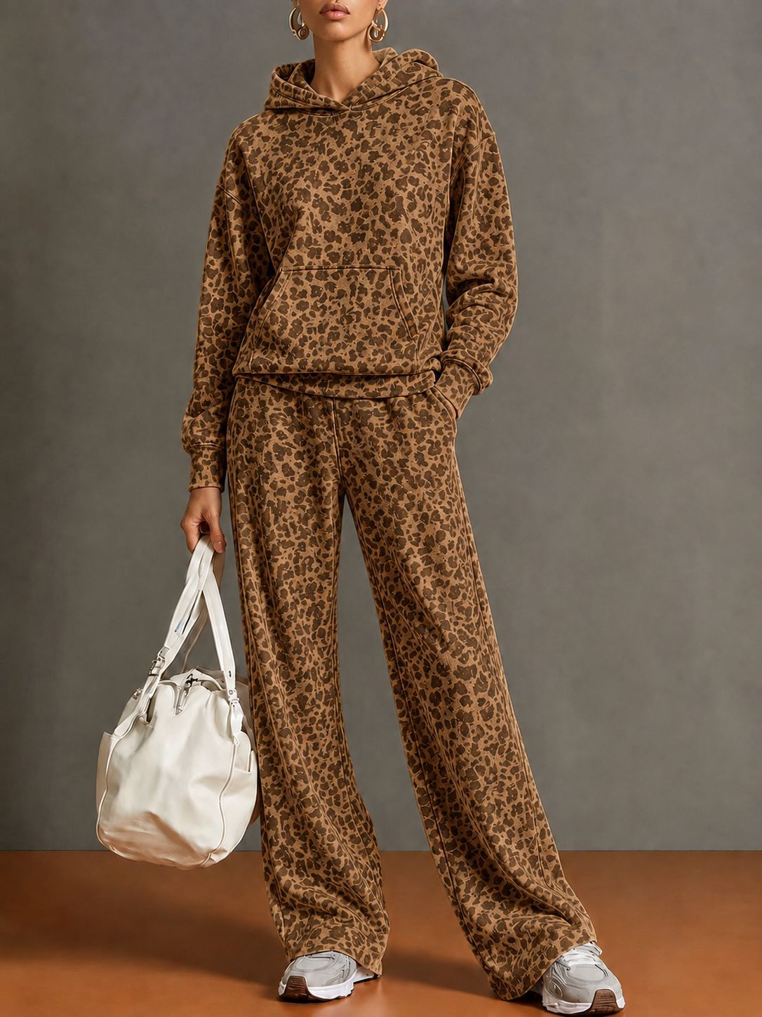 Leopard Print Hooded Top & Wide Leg Pants 2 Piece Tracksuit Set
