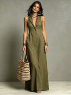 Women's Minimalist Linen-Blend Collared Single-Breasted Sleeveless Maxi Shirt Dress