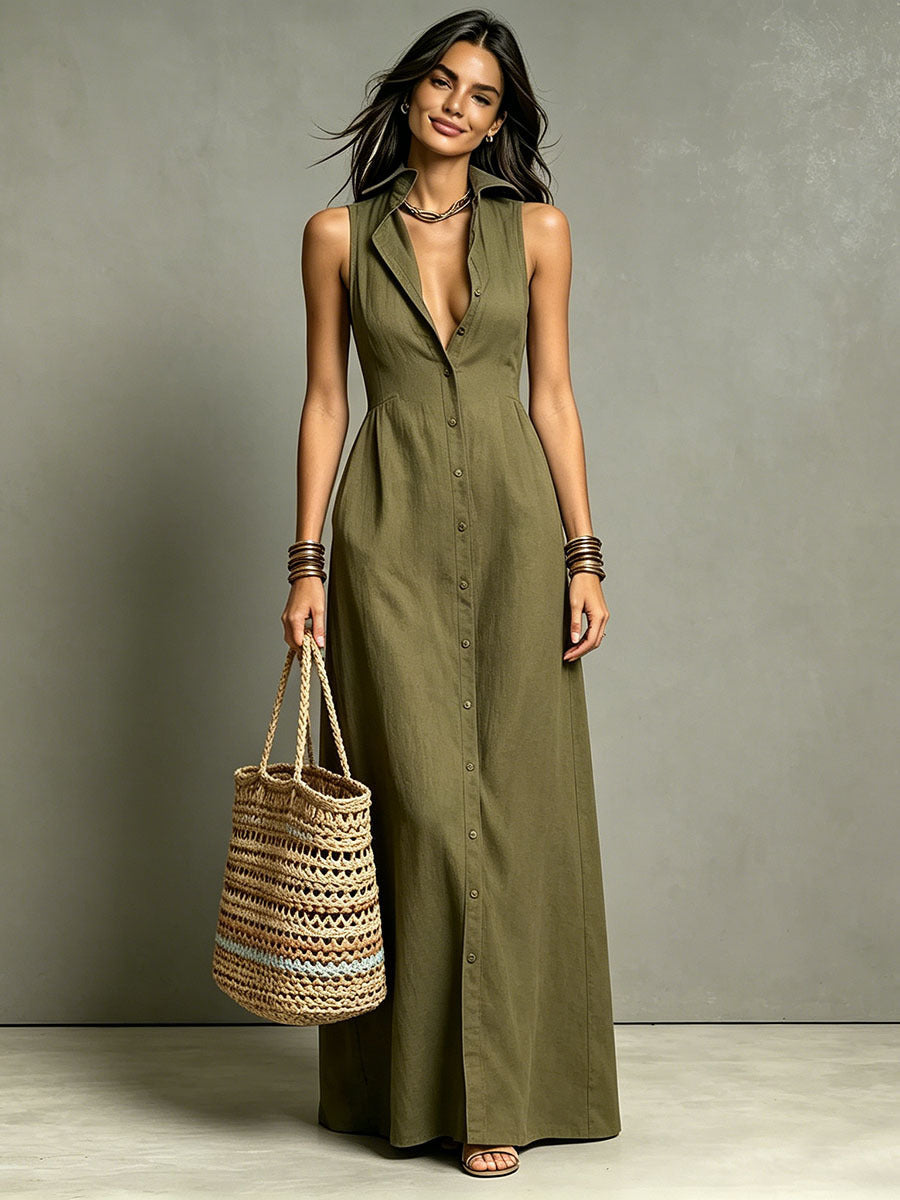 Women's Minimalist Linen-Blend Collared Single-Breasted Sleeveless Maxi Shirt Dress