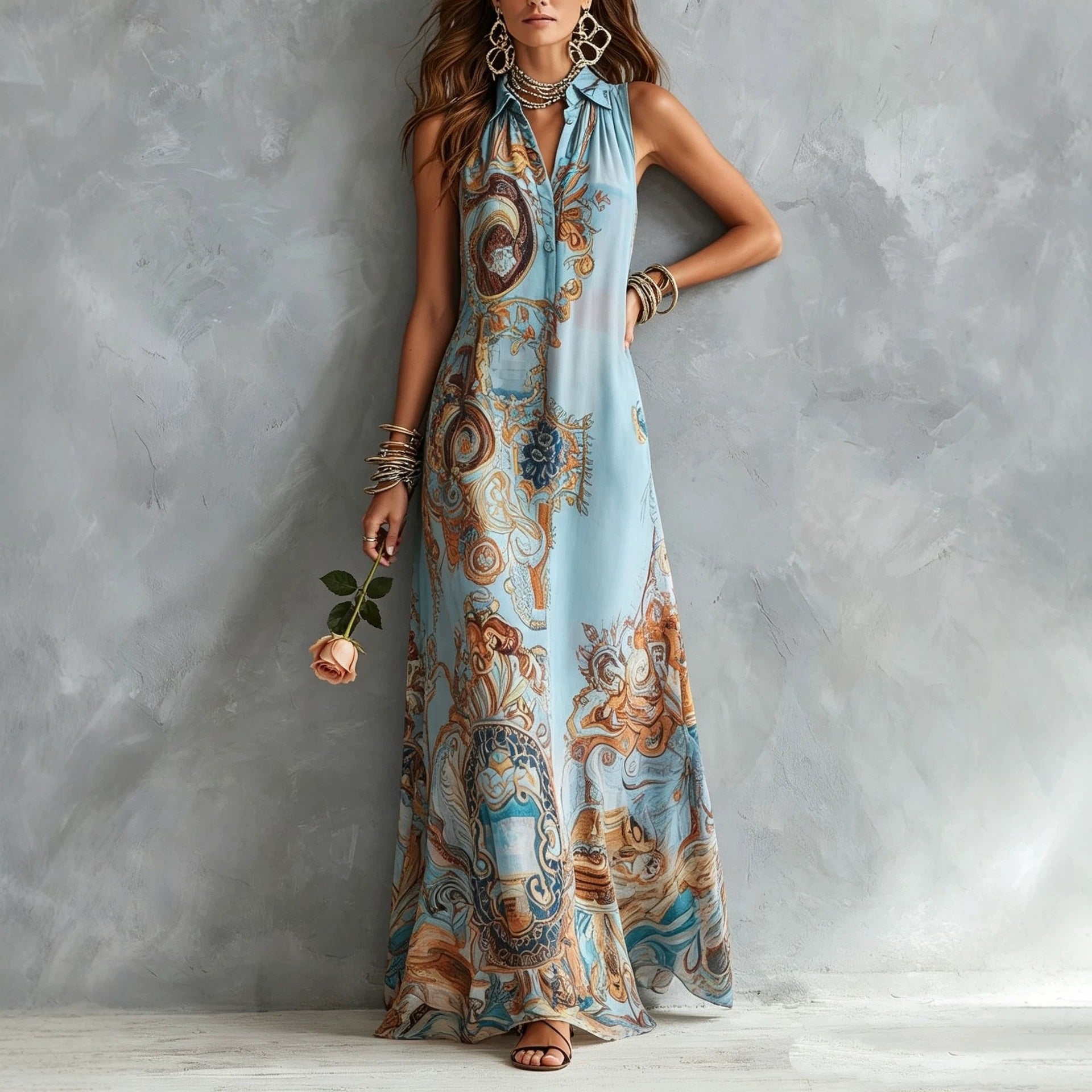 Vintage Baroque Print Sleeveless Maxi Shirt Dress