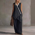 Bohemian V-Neck Irregular Button Vest Wide-Leg Pants Casual Suit