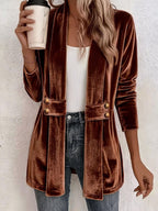 Women's Velvet Open Front Long Sleeve Mid Length Blazer Cardigan with Button Decor