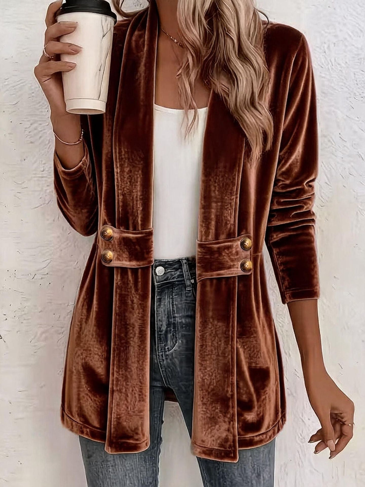 Women's Velvet Open Front Long Sleeve Mid Length Blazer Cardigan with Button Decor