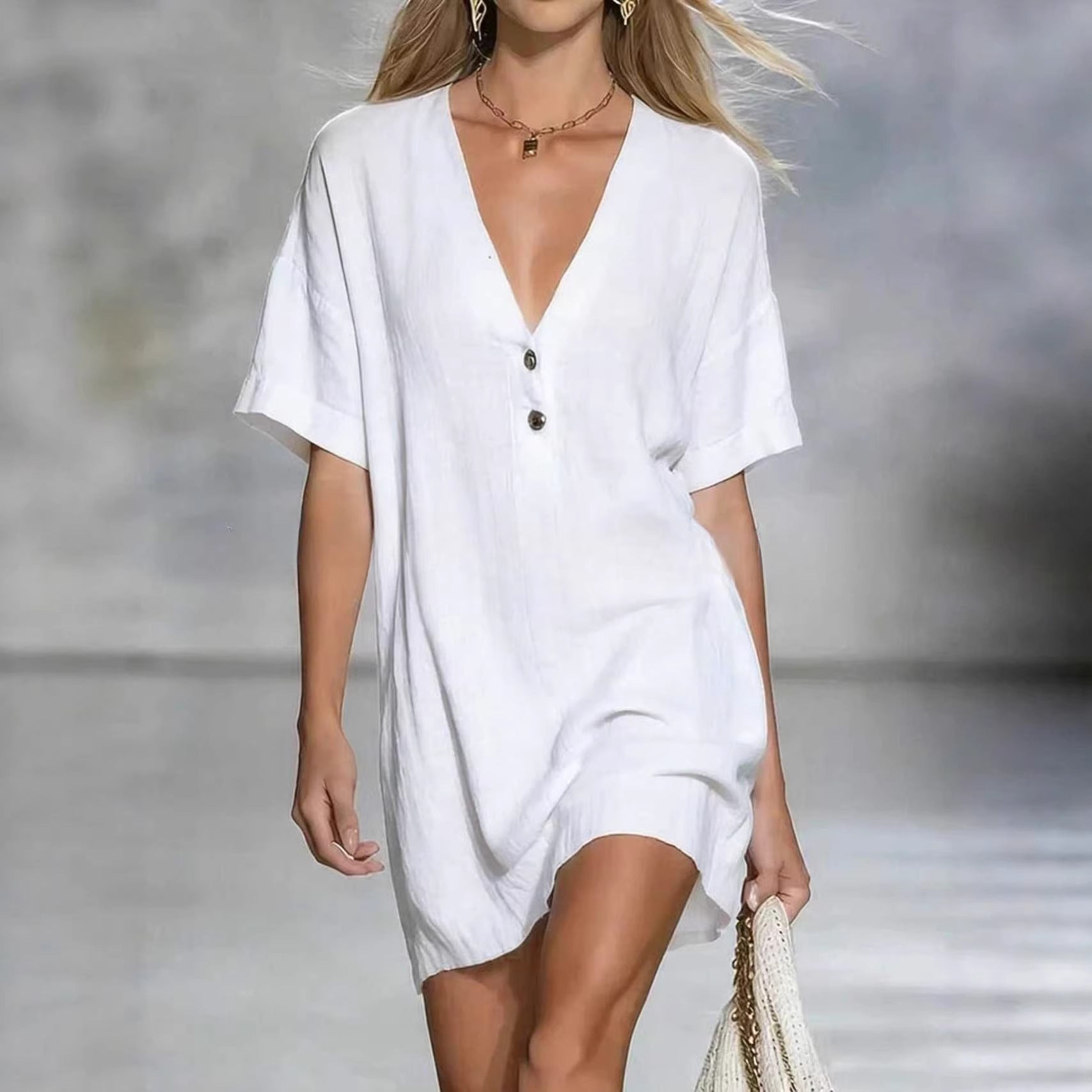 Effortless Chic Linen-Blend V-Neck Shirt Dress