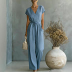 Elegant V-Neck Belted Jumpsuit for Women - Casual & Chic One-Piece Outfit for Everyday & Occasion Wear