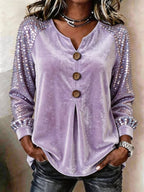 Velvet Sequin Sleeve Button-Down Top