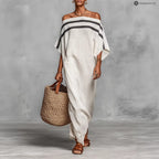 Stripe Off Shoulder Batwing Linen Maxi Kaftan Dress