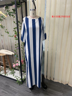 Vertical Stripe Cold Shoulder Split Maxi Shift Dress