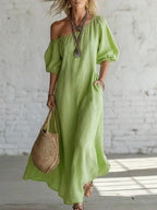 Effortless Off-Shoulder Linen-Blend Maxi Dress