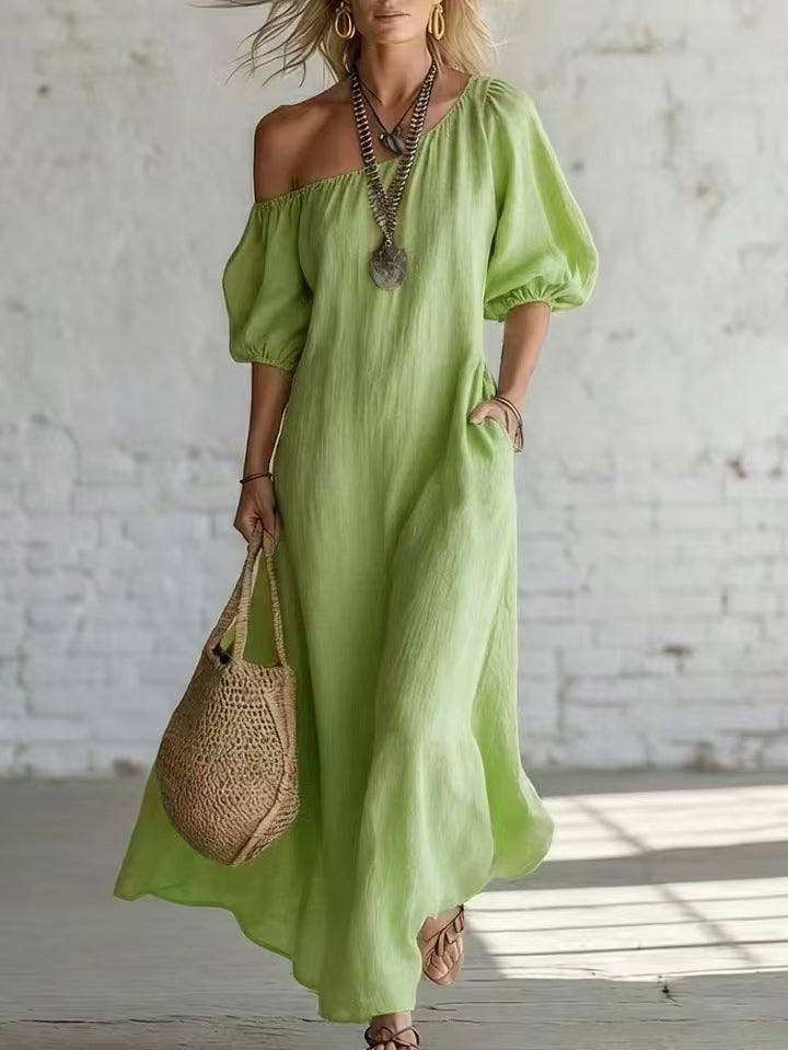 Effortless Off-Shoulder Linen-Blend Maxi Dress