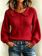 Women's Ruffle Collar Ribbed Knit Sweater