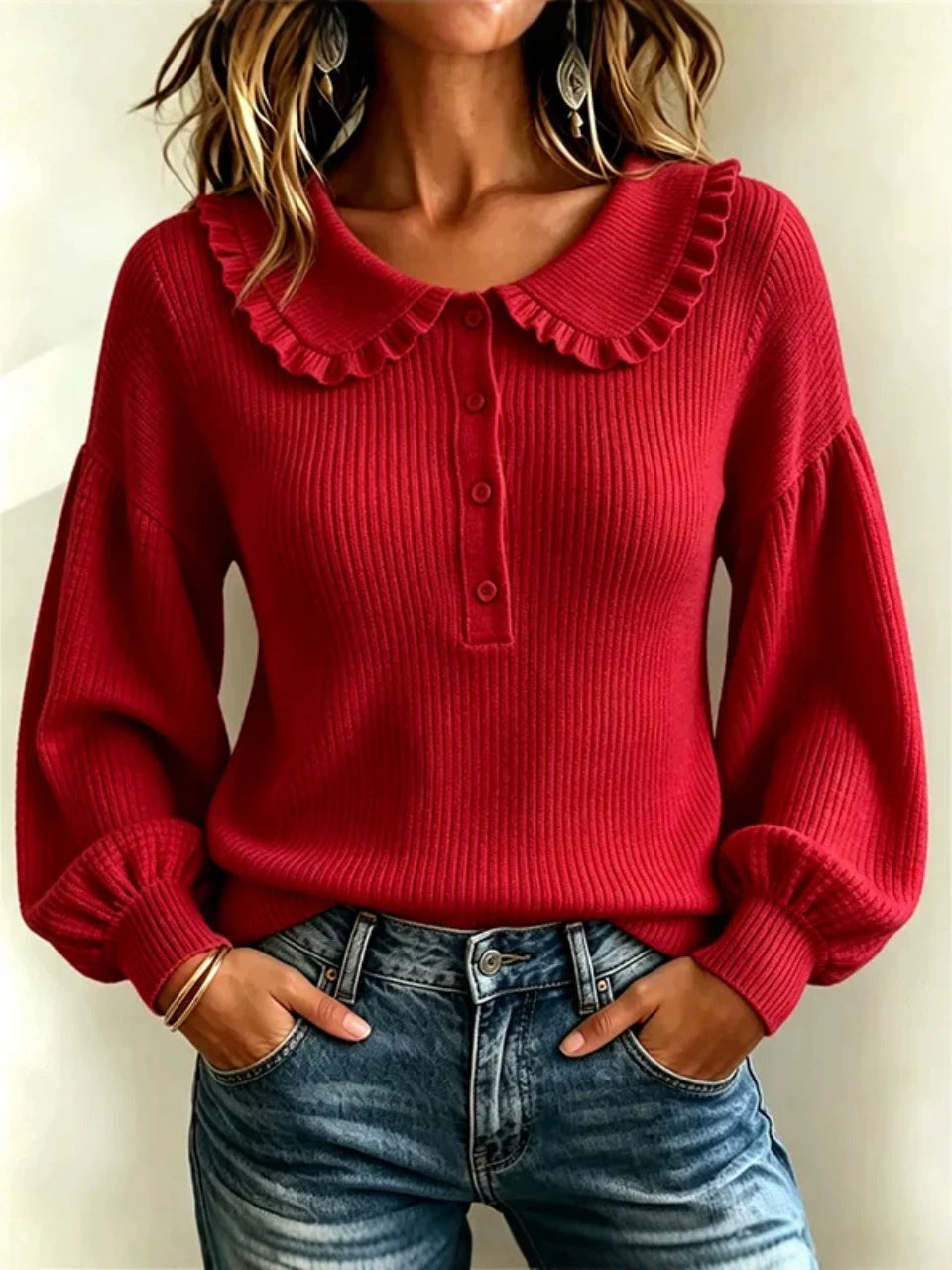 Women's Ruffle Collar Ribbed Knit Sweater
